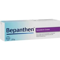 Weiß-lila Verpackung einer Bepanthen Sensiderm Creme zur Hautpflege.